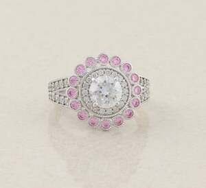 Sterling Silver Super Sparkly White & Pink Cubic Zirconia CZ Flower Ring Size 6
